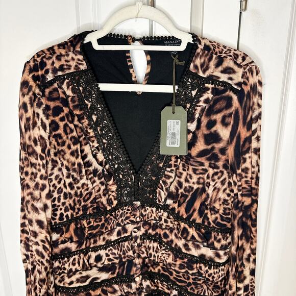 ALLSAINTS - NWT- Zora Evita Lace Trim Printed Dress Leopard Mini | 12 - Picture 4 of 15